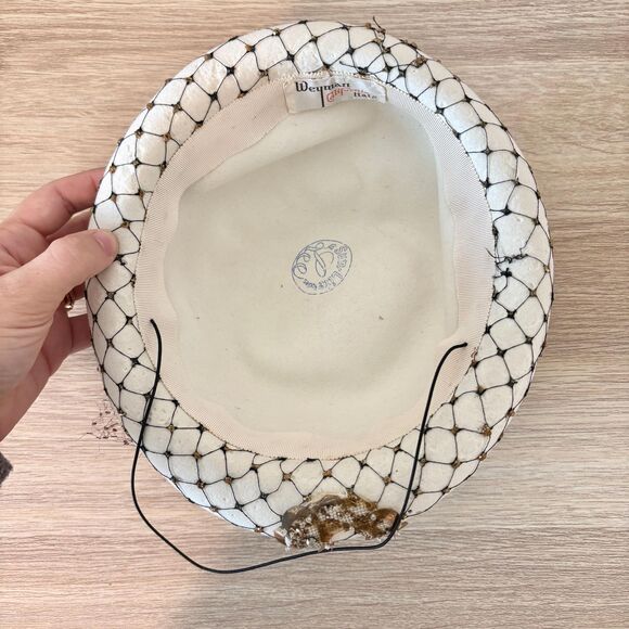 Vintage 1950s Cocktail Pillbox Hat Ivory Felt Sequined Brown Veil Mid Century
